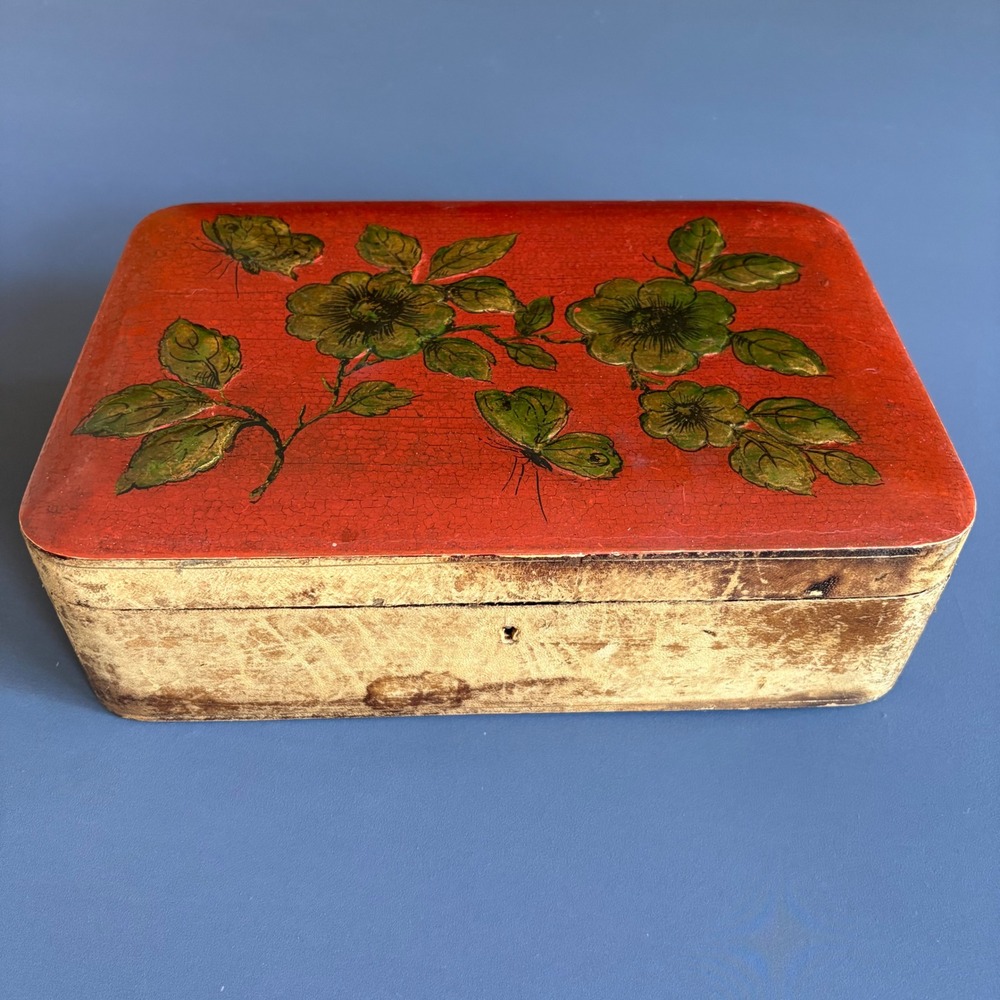 Vintage Saks Fifth Avenue Florentine Leather Jewelry Box | Italy | Floral Velvet